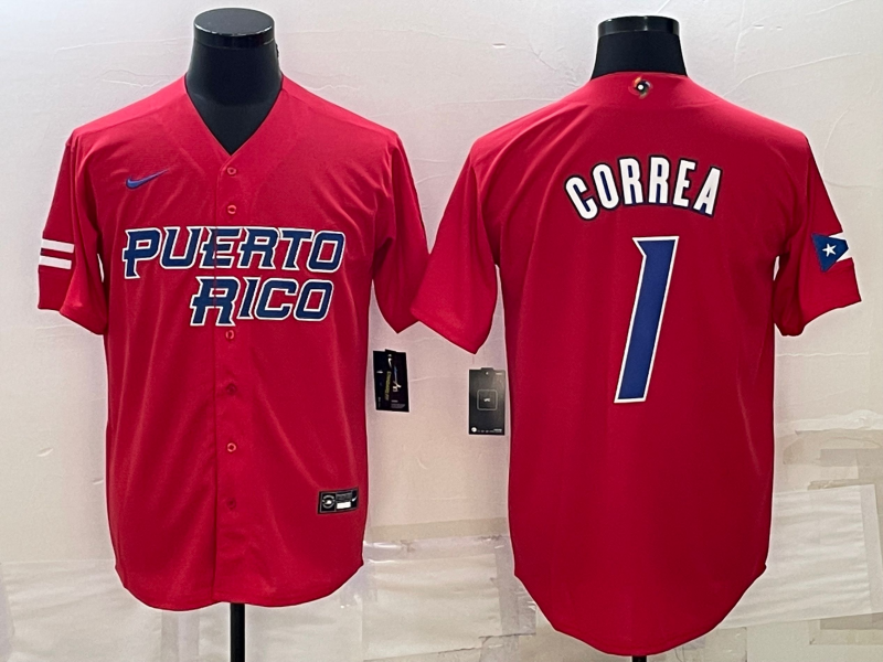 Men's 2023 World Baseball Classic #1 Carlos Correa Puerto Rico Red Jerseys