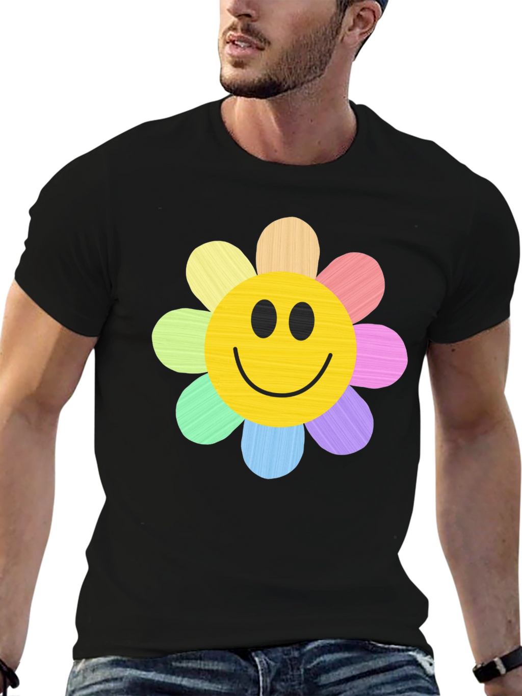 Smiley Flower Graphic Tee - Black