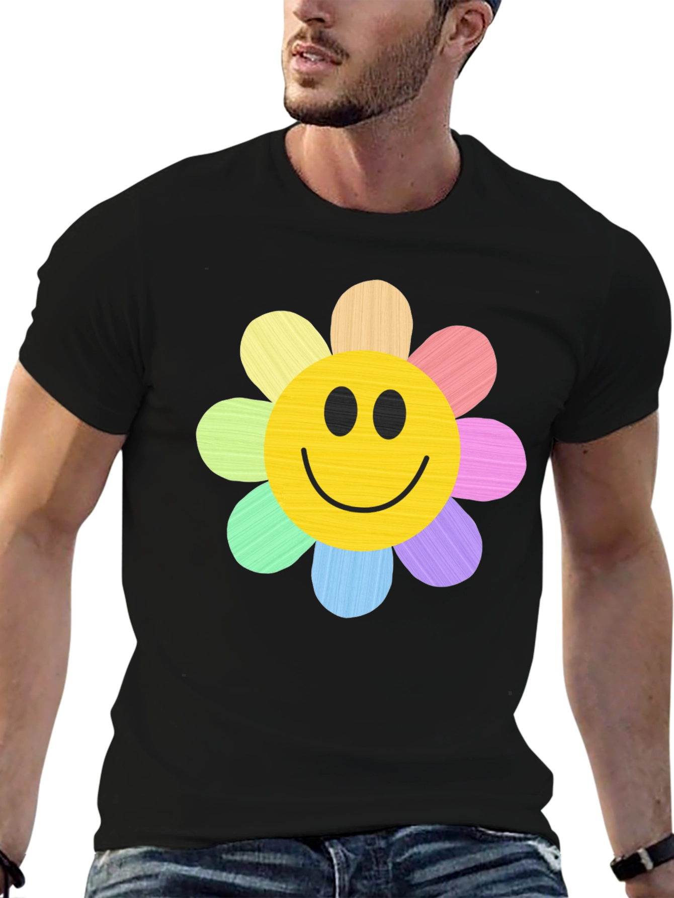 Smiley Flower Graphic Tee - Black