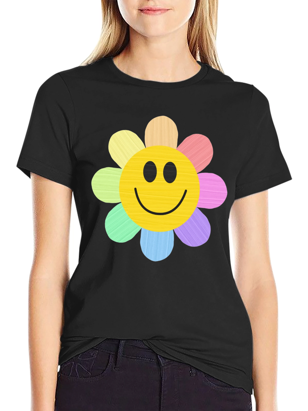 Smiley Flower Graphic Tee - Black