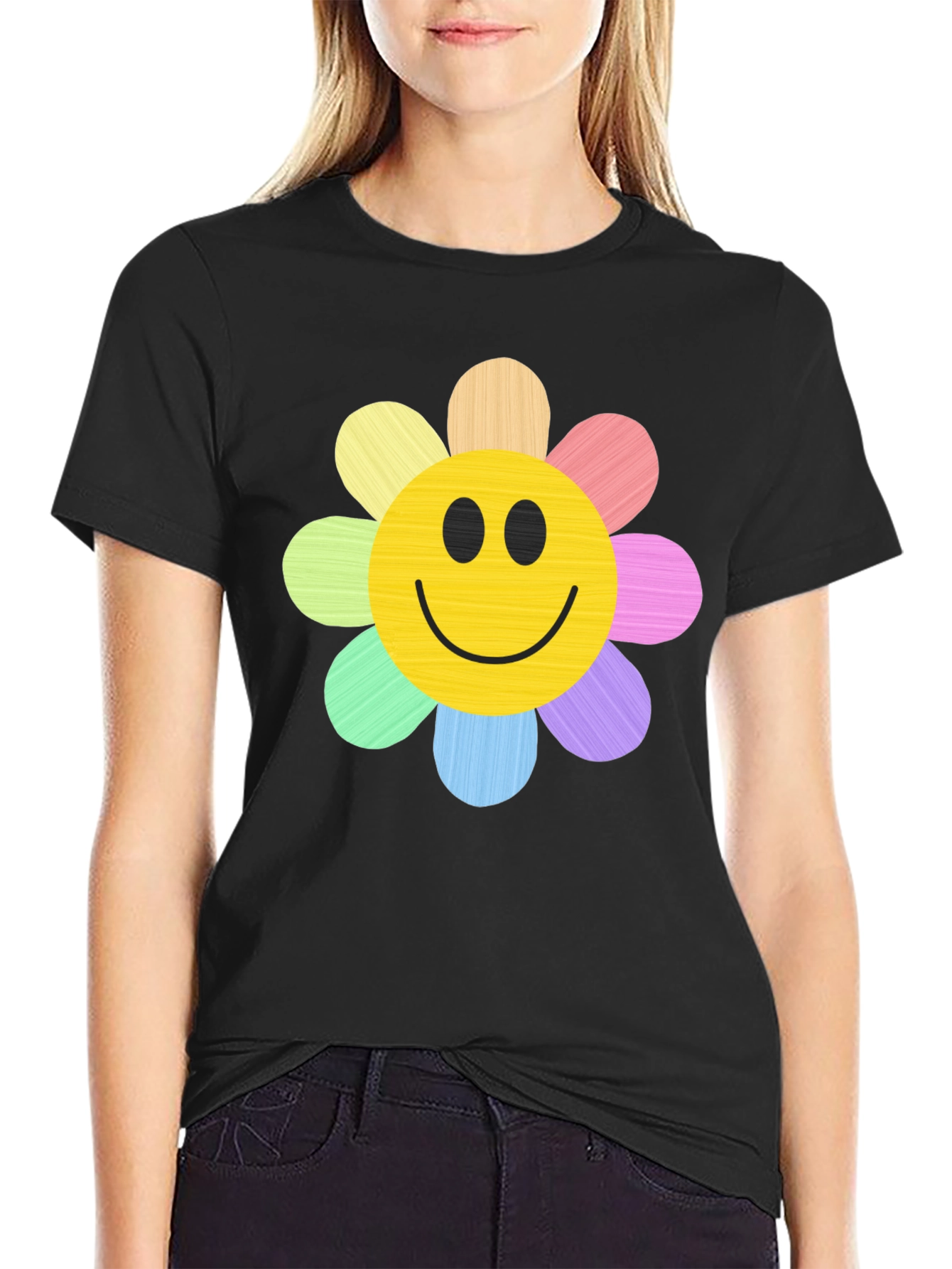 Smiley Flower Graphic Tee - Black