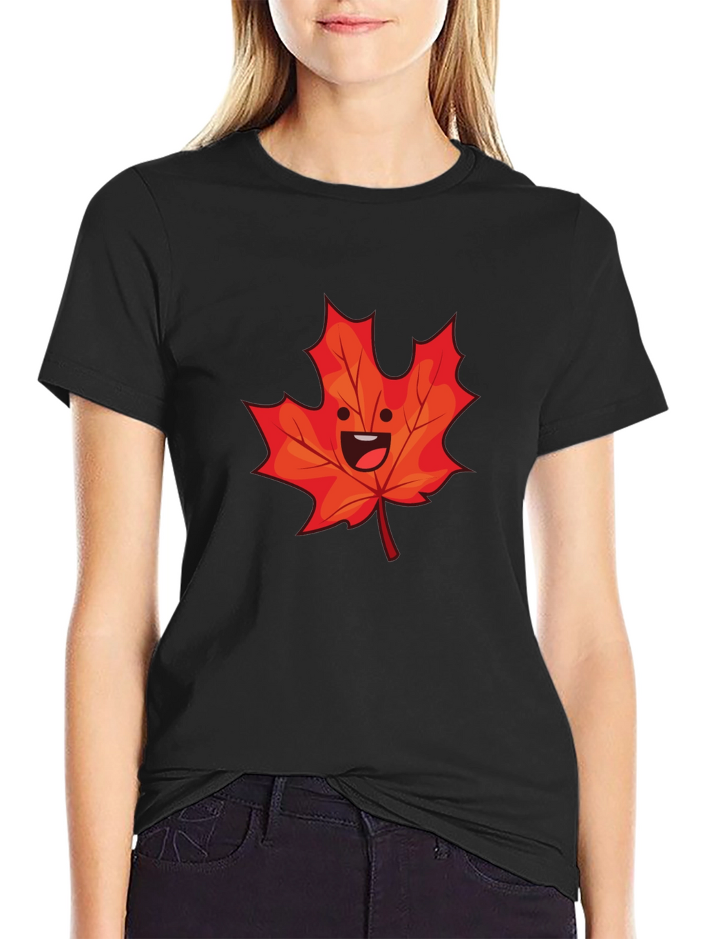 Happy Maple Leaf Graphic Tee - Black Cotton Shirt