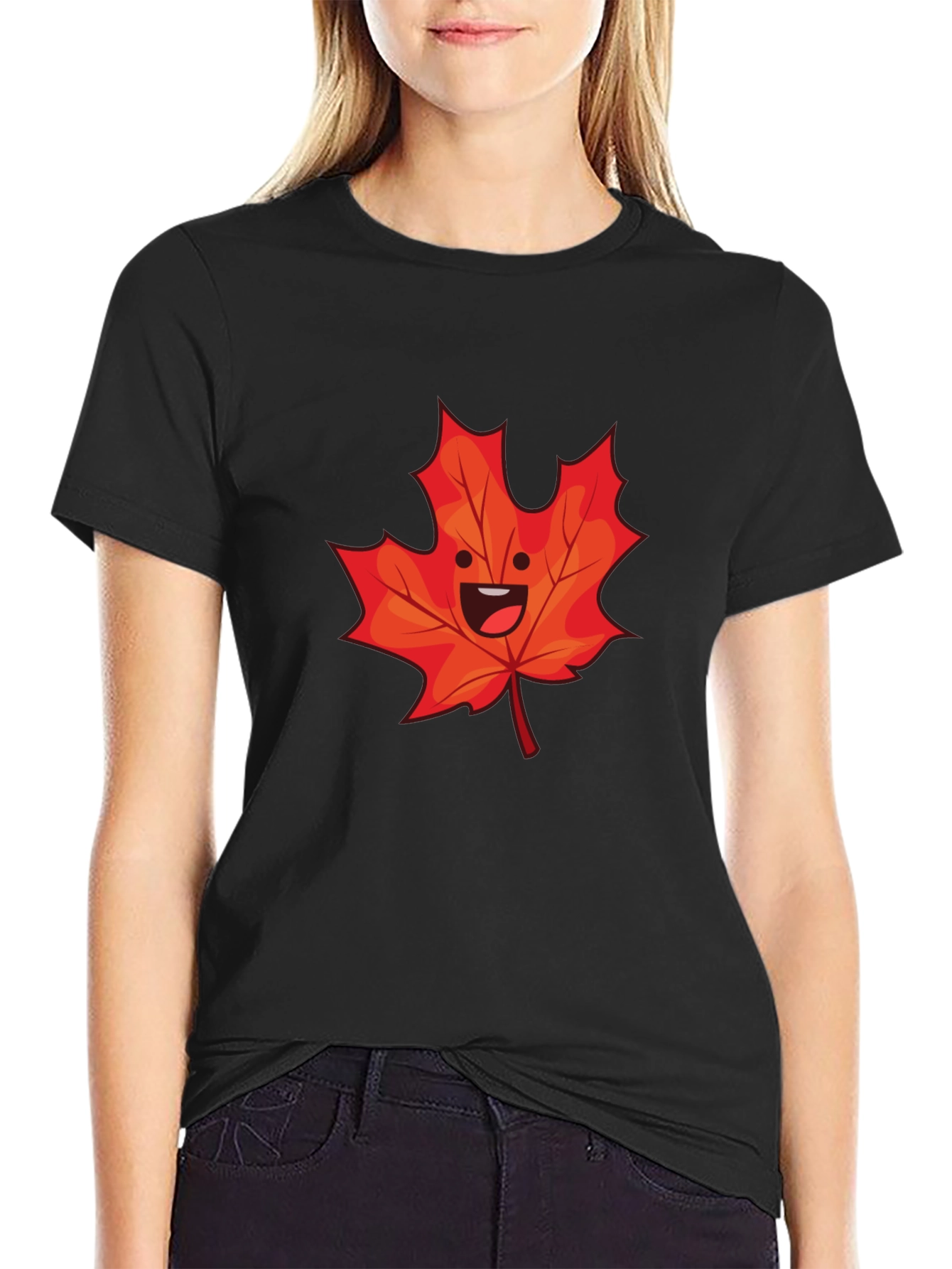 Happy Maple Leaf Graphic Tee - Black Cotton Shirt