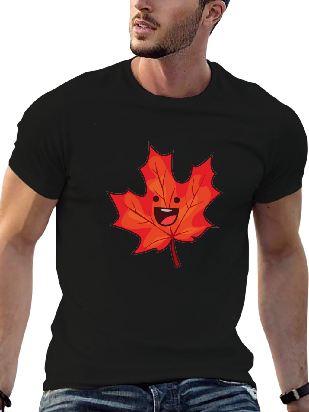 Happy Maple Leaf Graphic Tee - Black Cotton Shirt