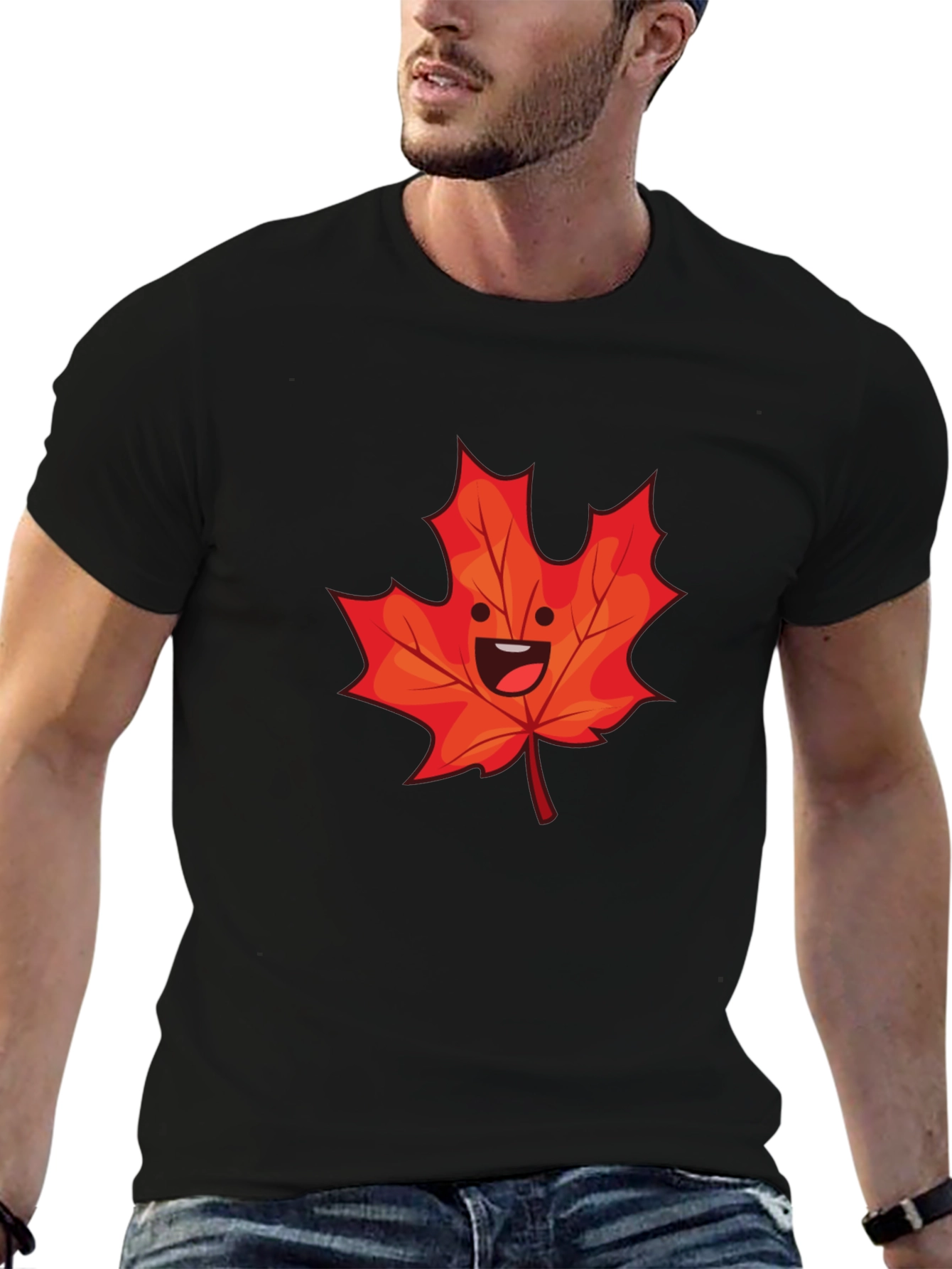 Happy Maple Leaf Graphic Tee - Black Cotton Shirt