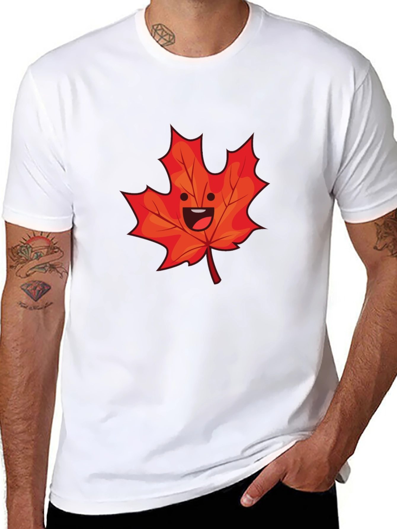 Happy Maple Leaf Graphic Tee - Black Cotton Shirt