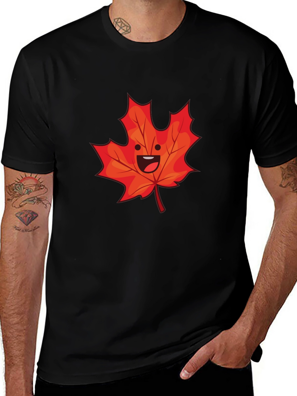 Happy Maple Leaf Graphic Tee - Black Cotton Shirt