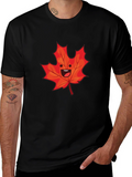 Happy Maple Leaf Graphic Tee - Black Cotton Shirt