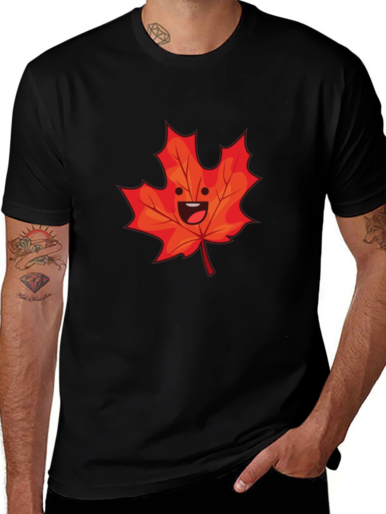 Happy Maple Leaf Graphic Tee - Black Cotton Shirt