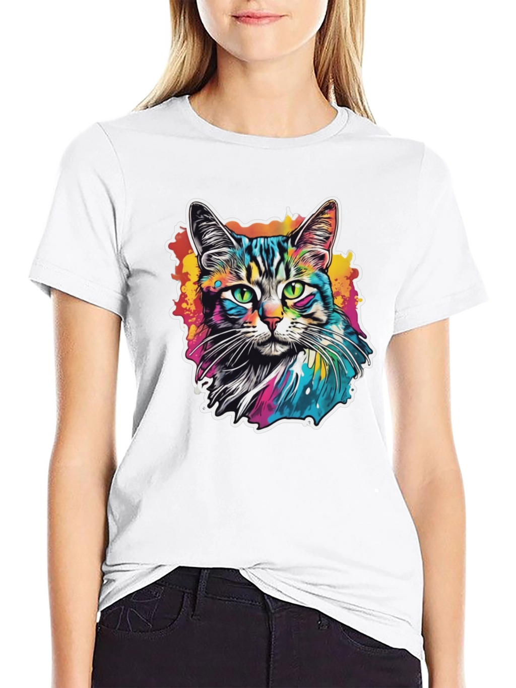 Psychedelic Cat Graphic Black T-Shirt