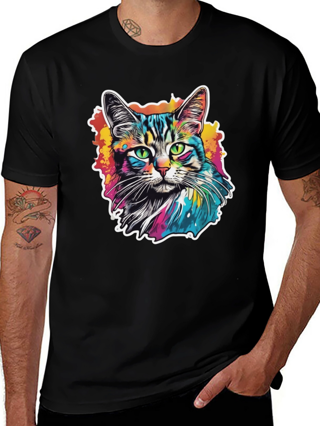 Psychedelic Cat Graphic Black T-Shirt