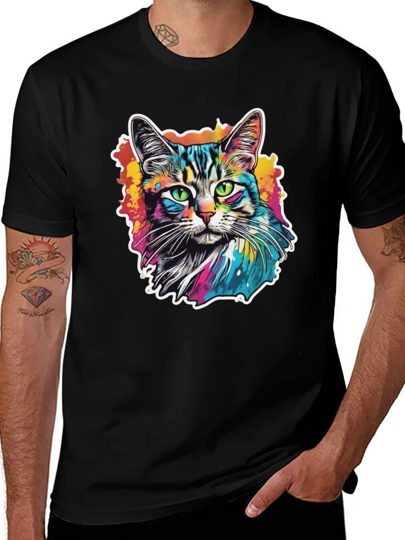 Psychedelic Cat Graphic Black T-Shirt