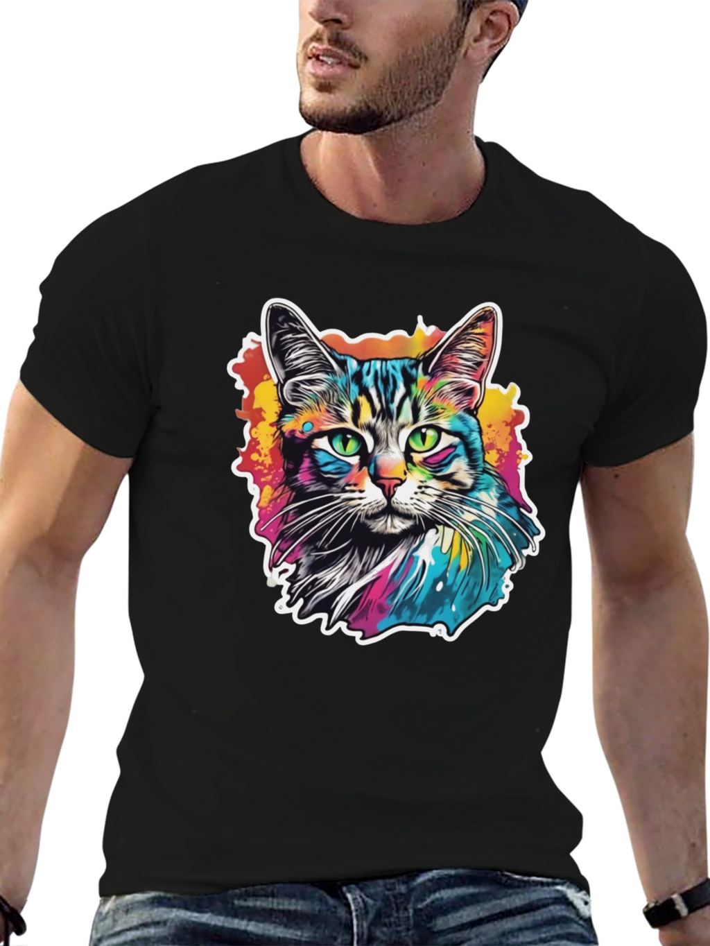 Psychedelic Cat Graphic Black T-Shirt