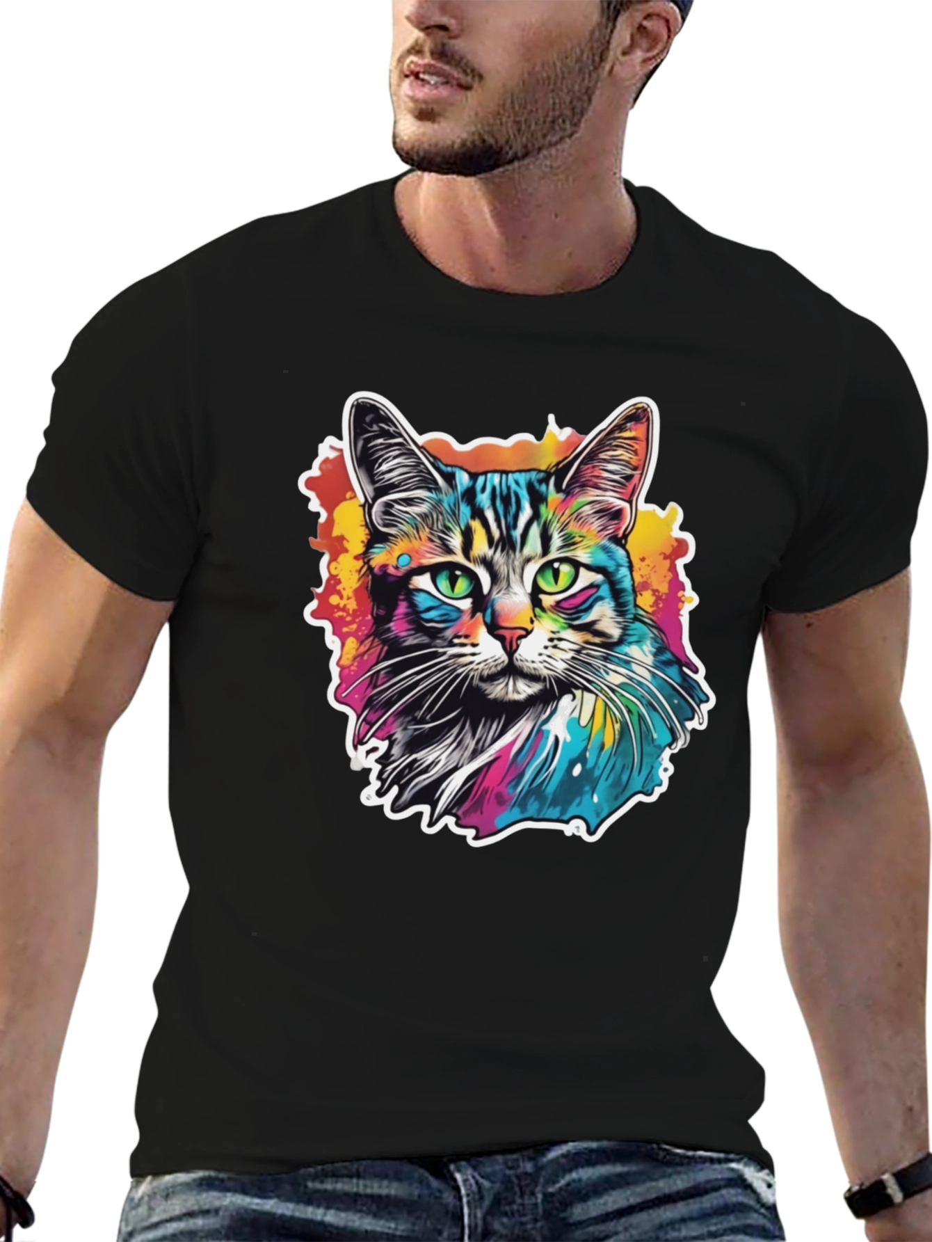 Psychedelic Cat Graphic Black T-Shirt