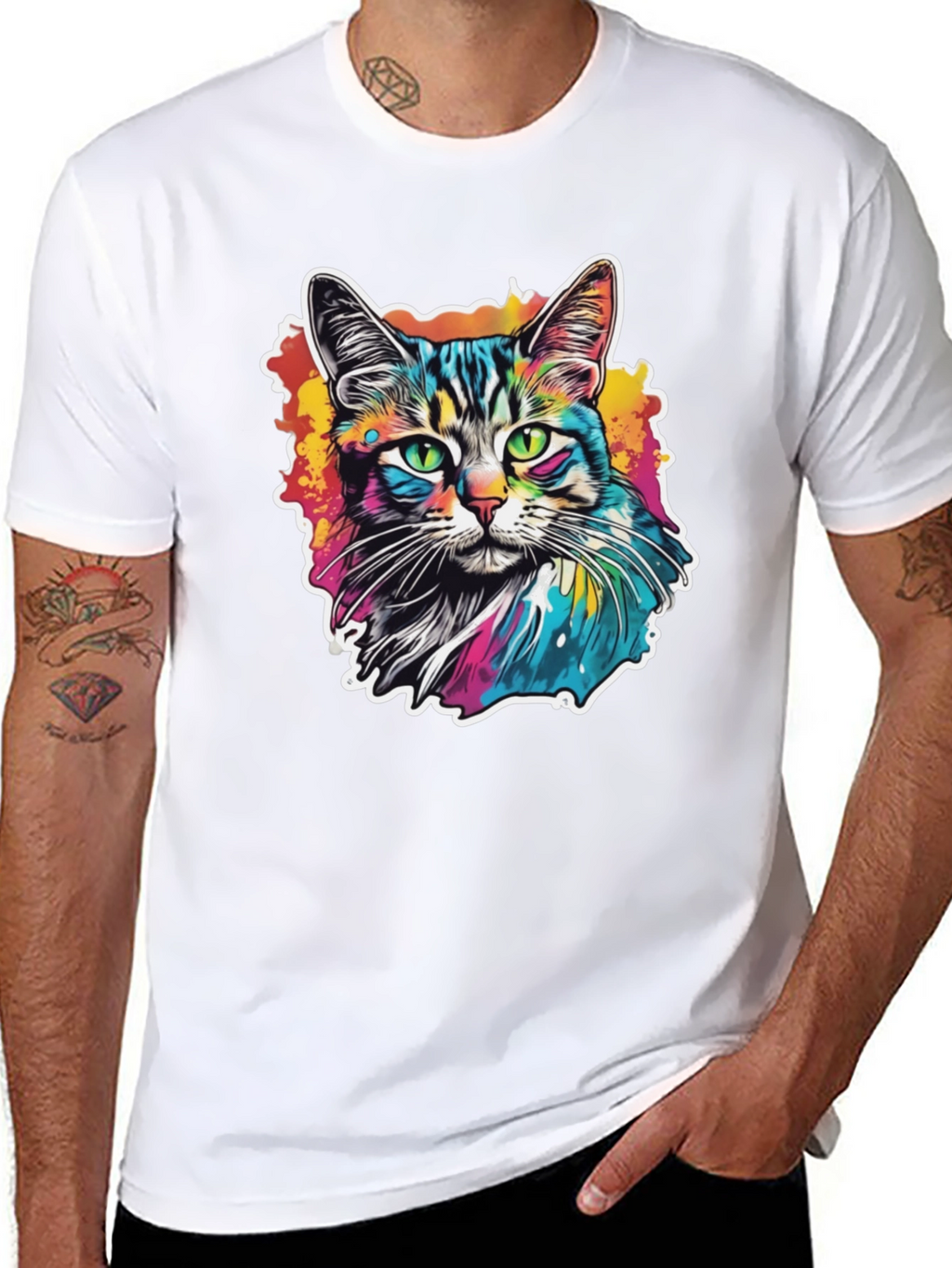 Psychedelic Cat Graphic Black T-Shirt