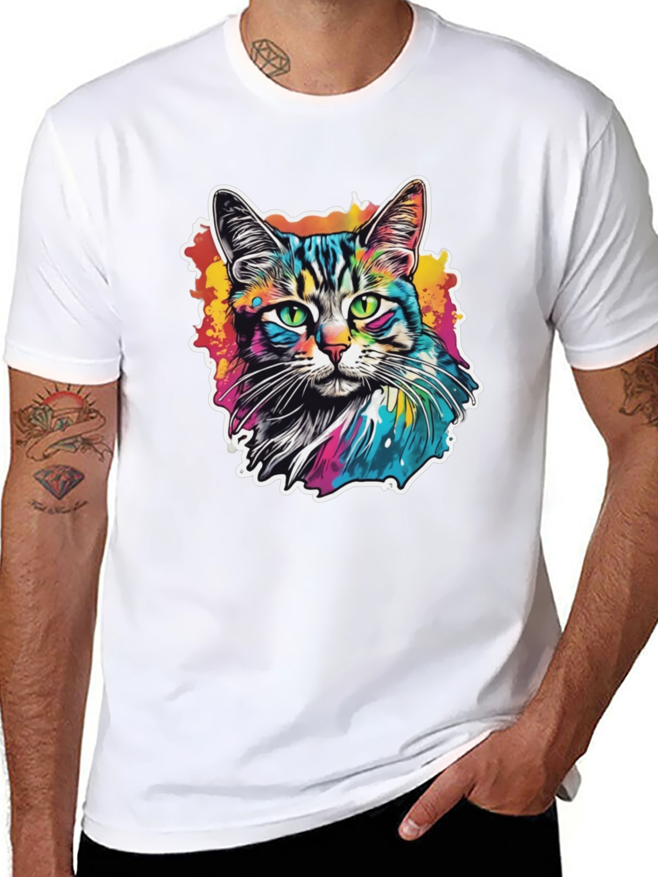 Psychedelic Cat Graphic Black T-Shirt
