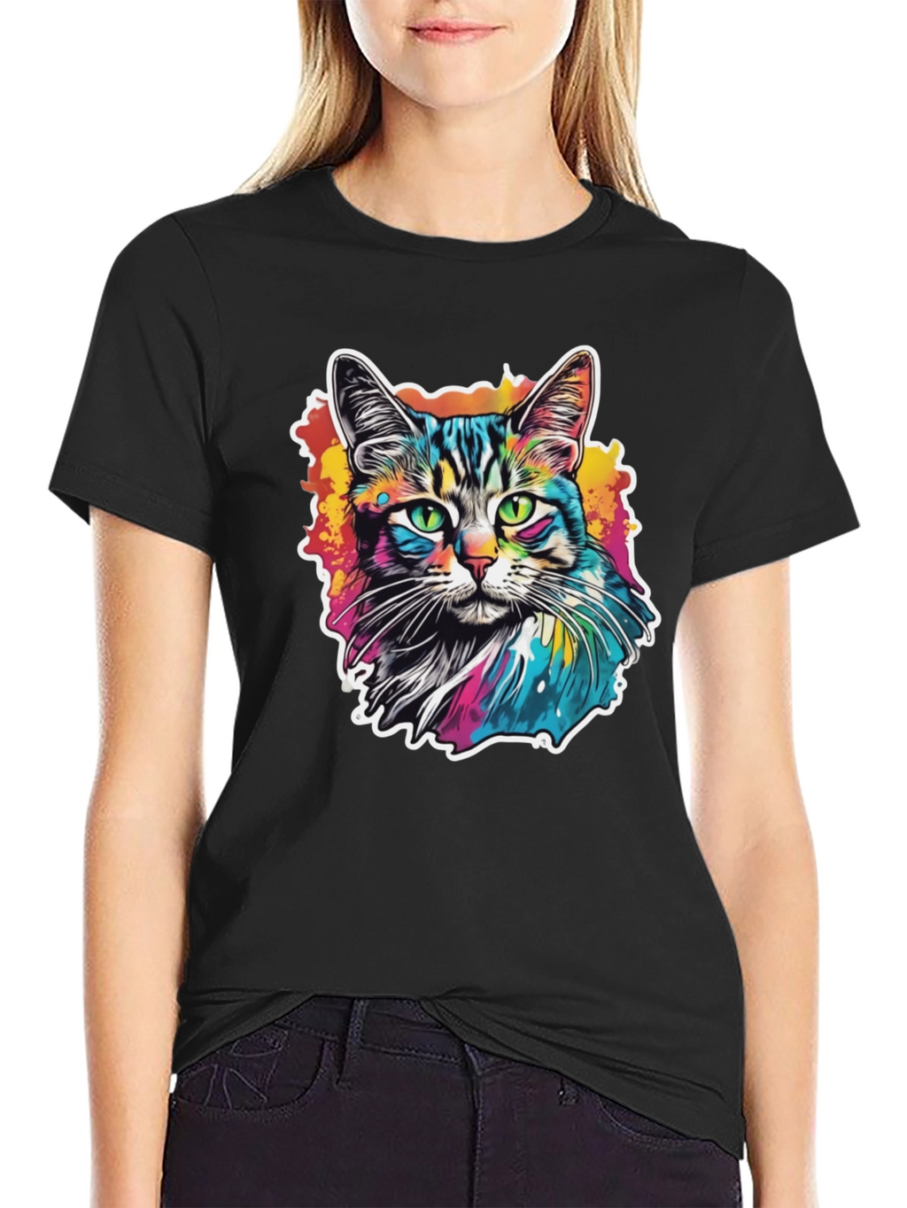 Psychedelic Cat Graphic Black T-Shirt