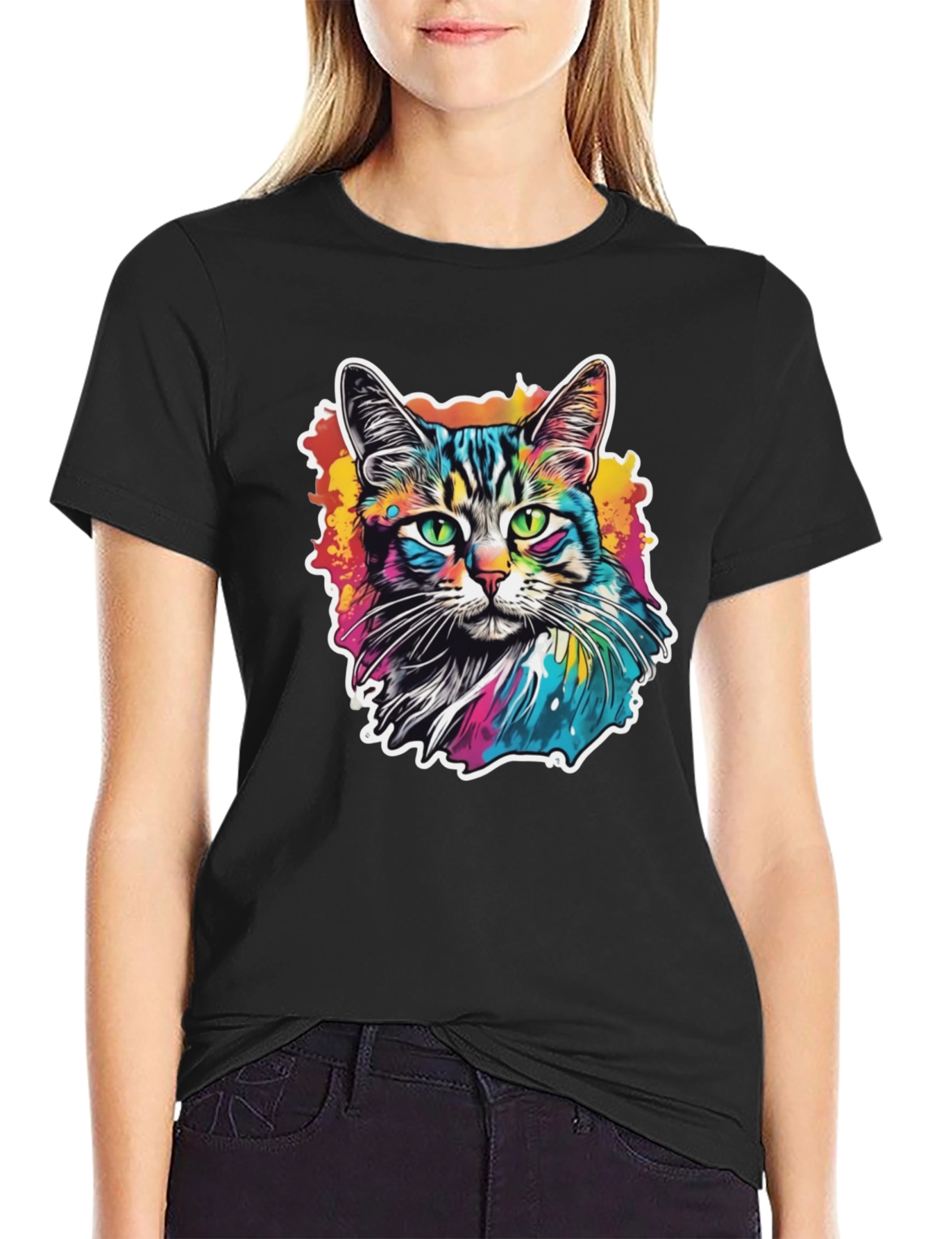 Psychedelic Cat Graphic Black T-Shirt