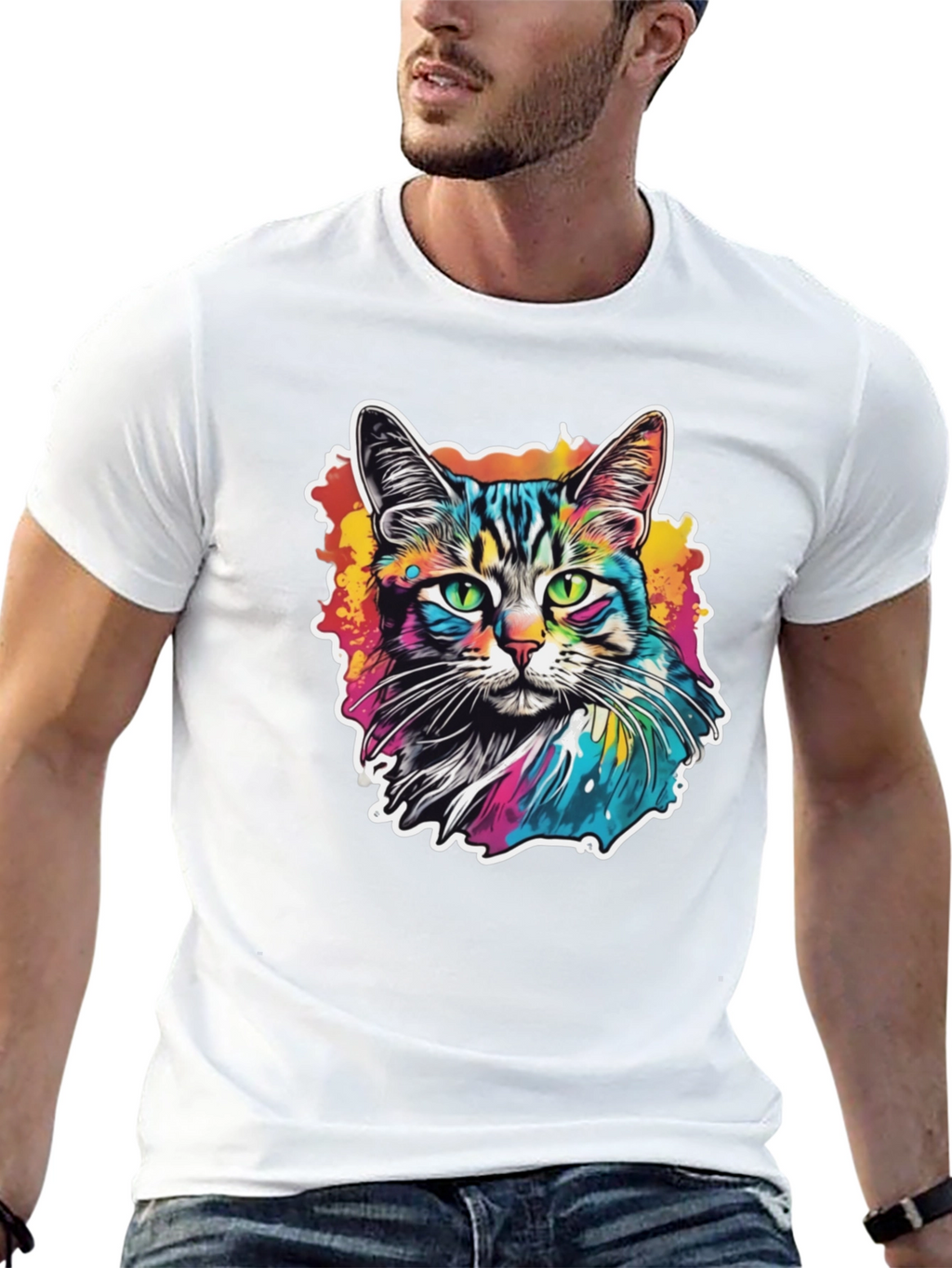 Psychedelic Cat Graphic Black T-Shirt