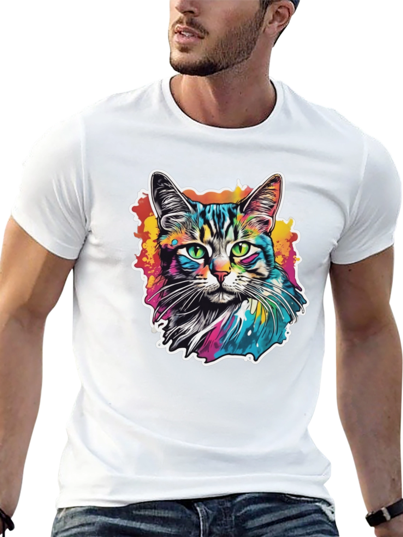 Psychedelic Cat Graphic Black T-Shirt