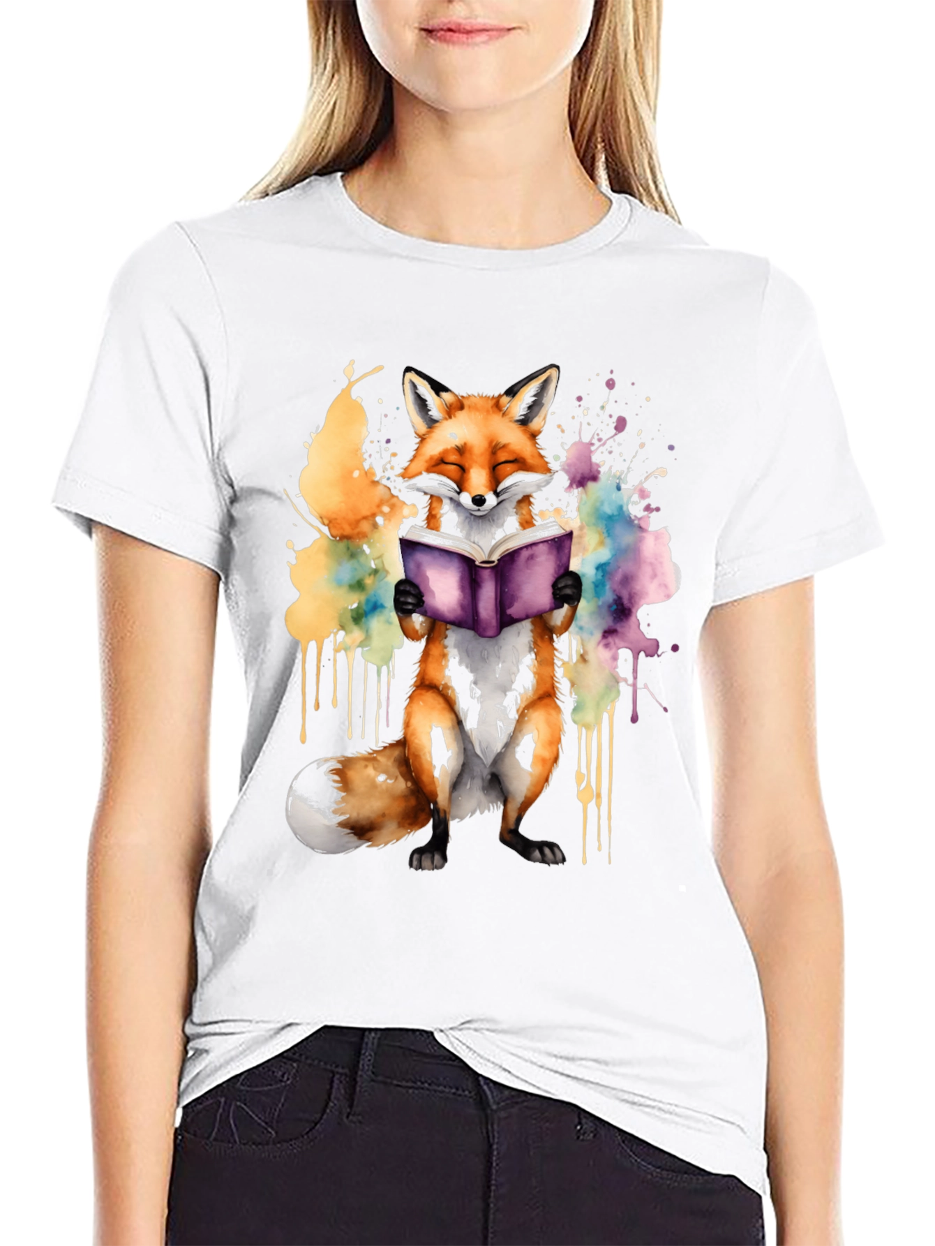 Fox Reading Book T-Shirt - Watercolor Design