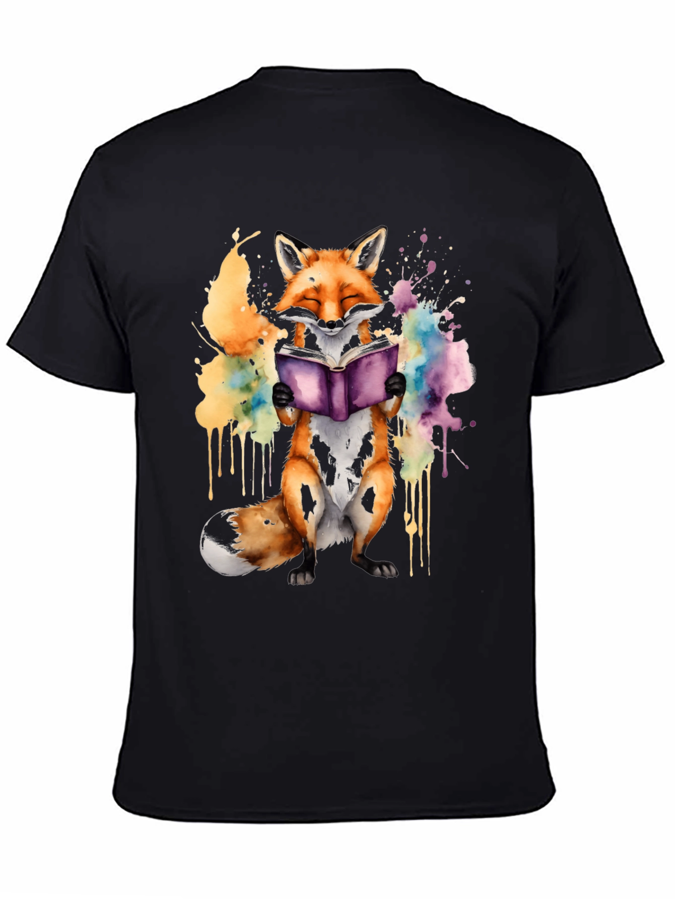 Fox Reading Book T-Shirt - Watercolor Design