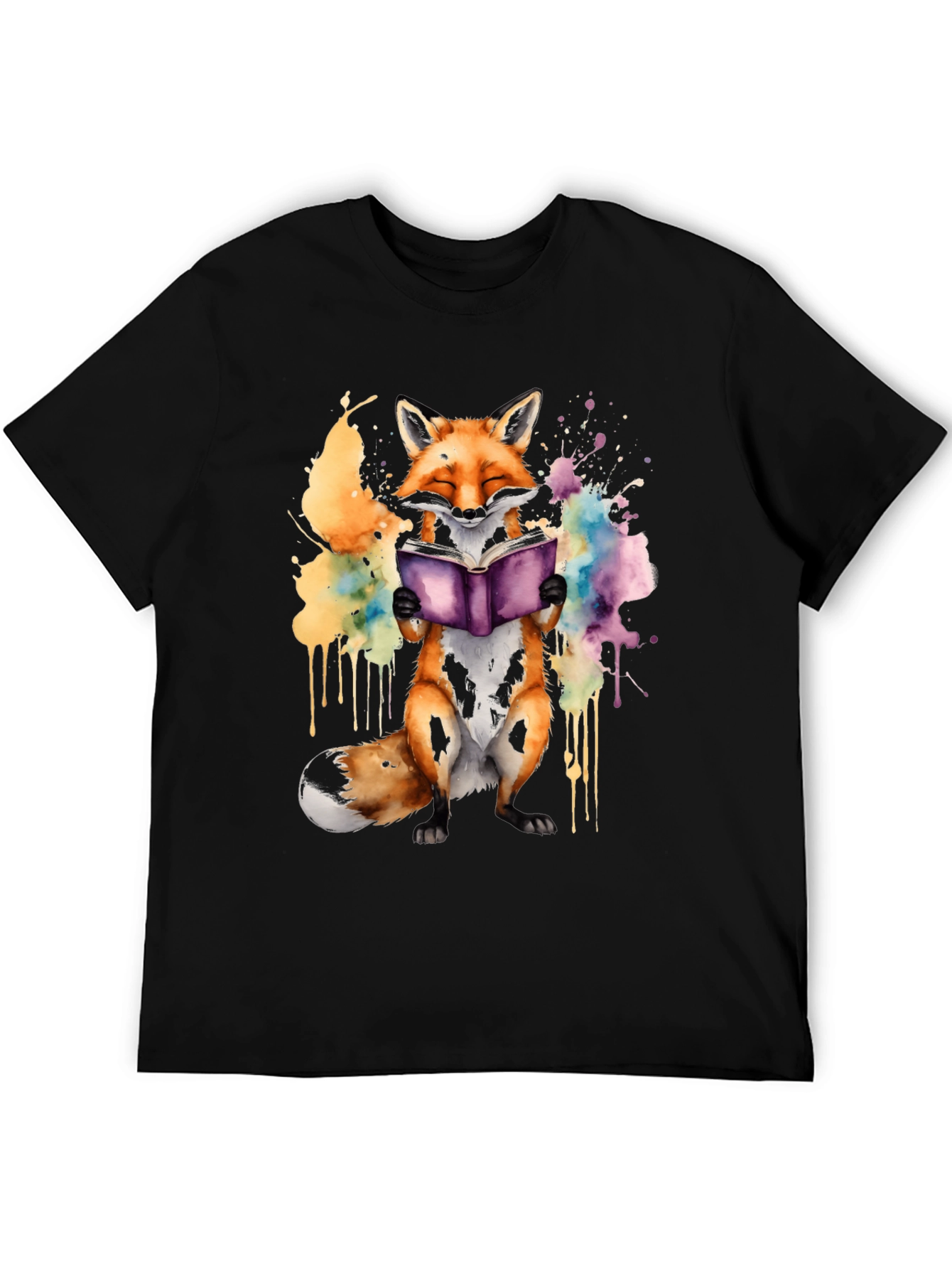 Fox Reading Book T-Shirt - Watercolor Design