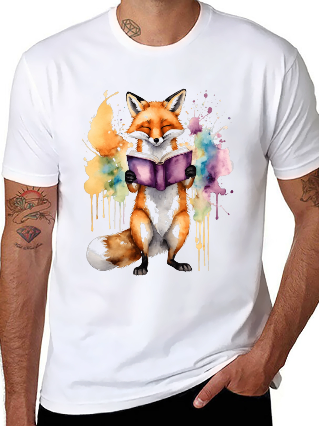 Fox Reading Book T-Shirt - Watercolor Design