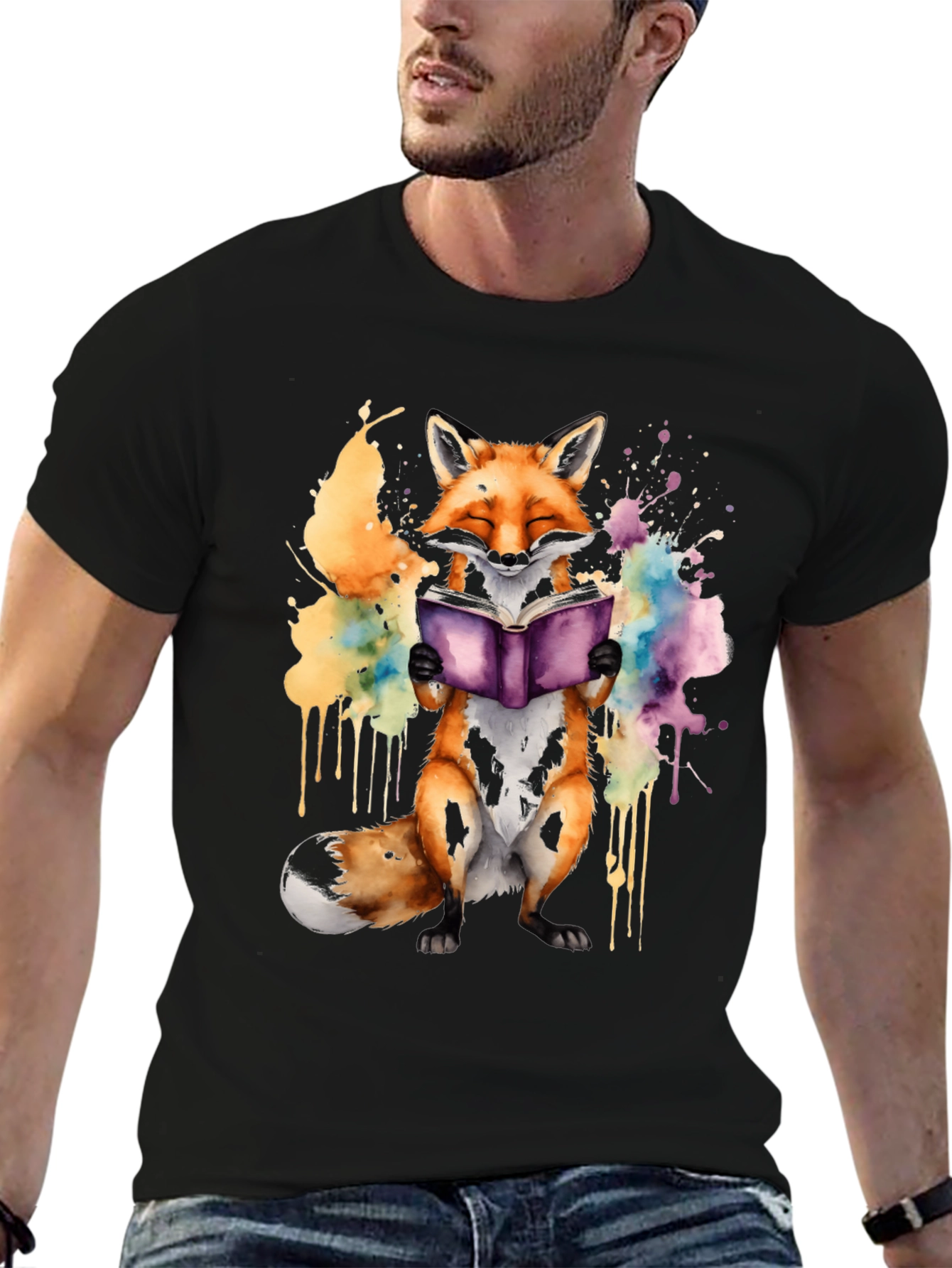 Fox Reading Book T-Shirt - Watercolor Design