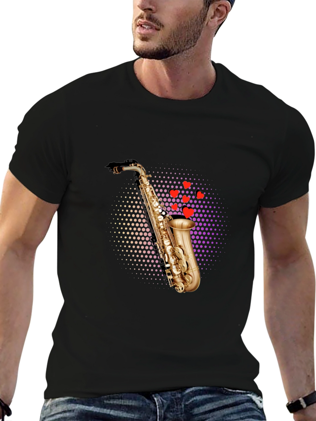 Saxophone Heartbeat Black T-Shirt - Music Lovers Tee