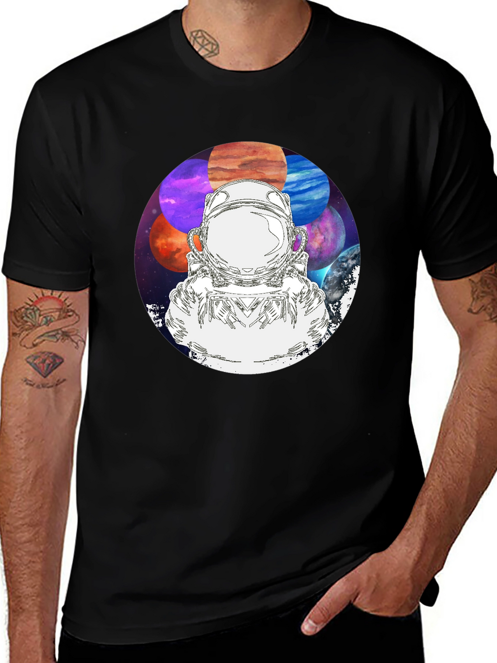 Astronaut & Planets Graphic Black T-Shirt