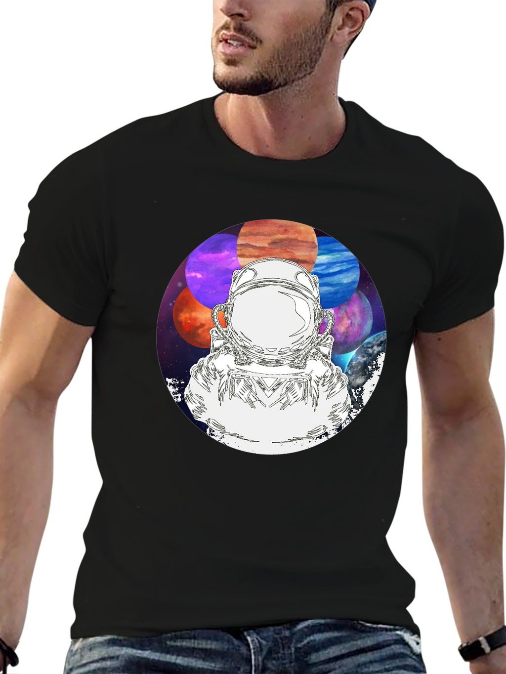Astronaut & Planets Graphic Black T-Shirt