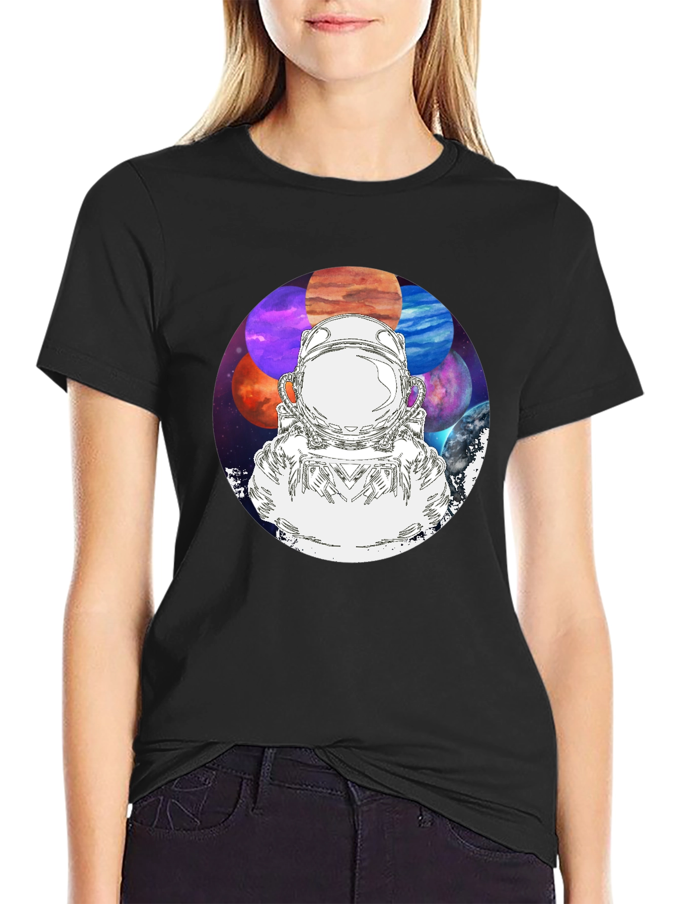 Astronaut & Planets Graphic Black T-Shirt