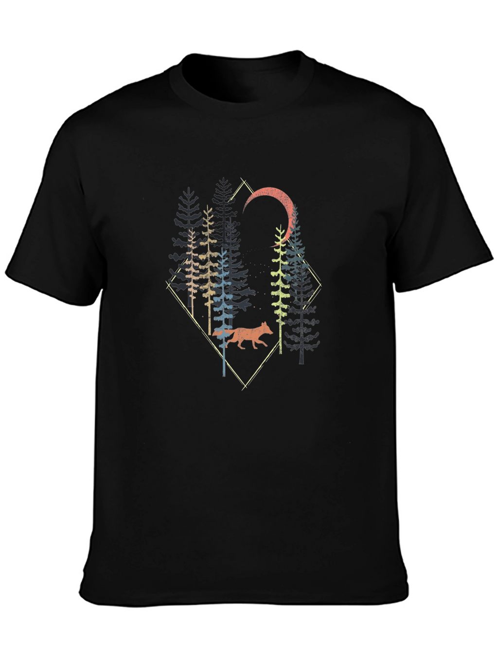 Nature Wolf Forest Graphic Print Black T-Shirt