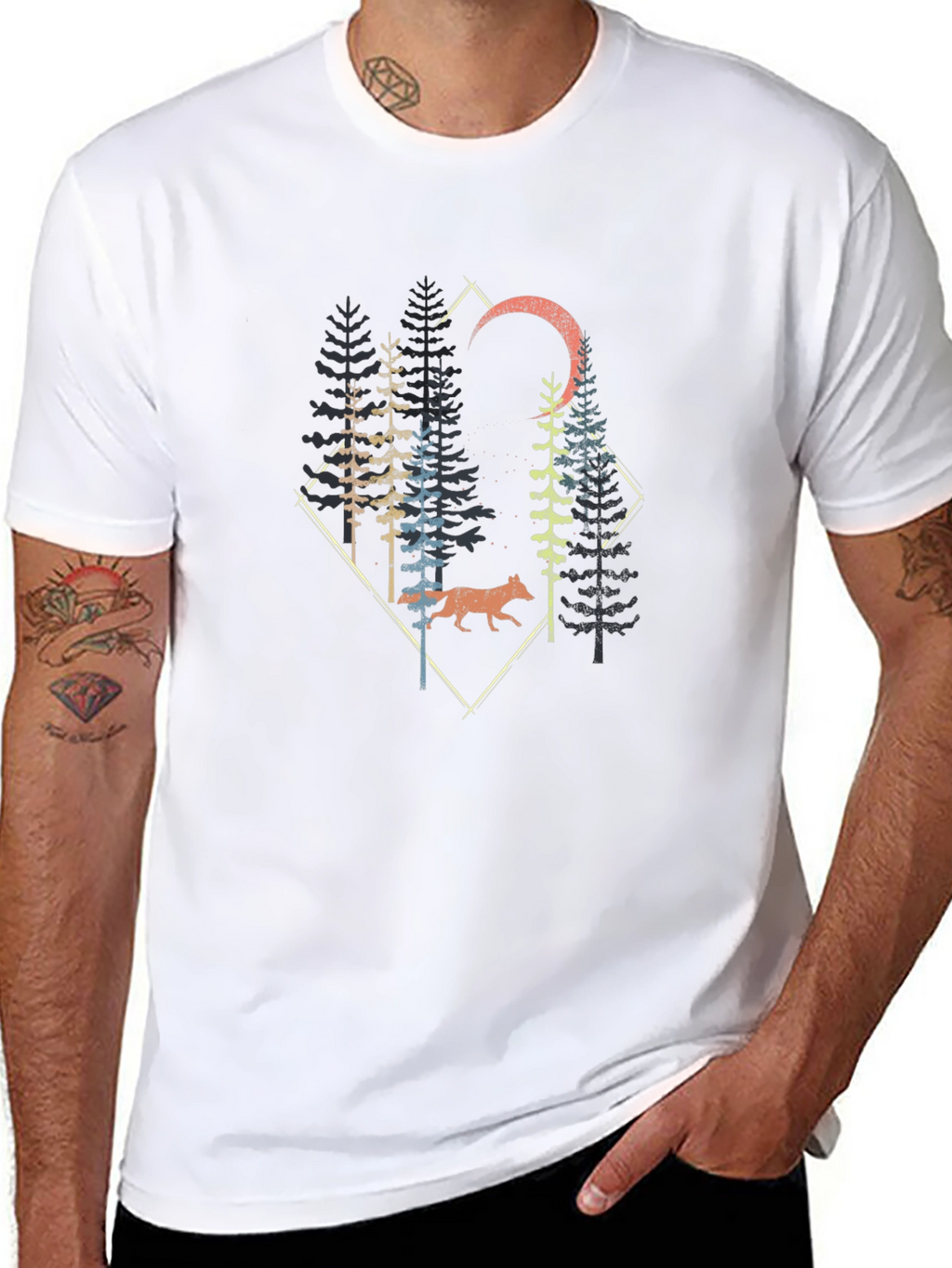 Nature Wolf Forest Graphic Print Black T-Shirt