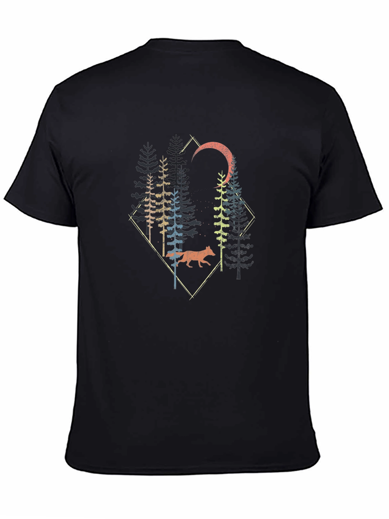 Nature Wolf Forest Graphic Print Black T-Shirt