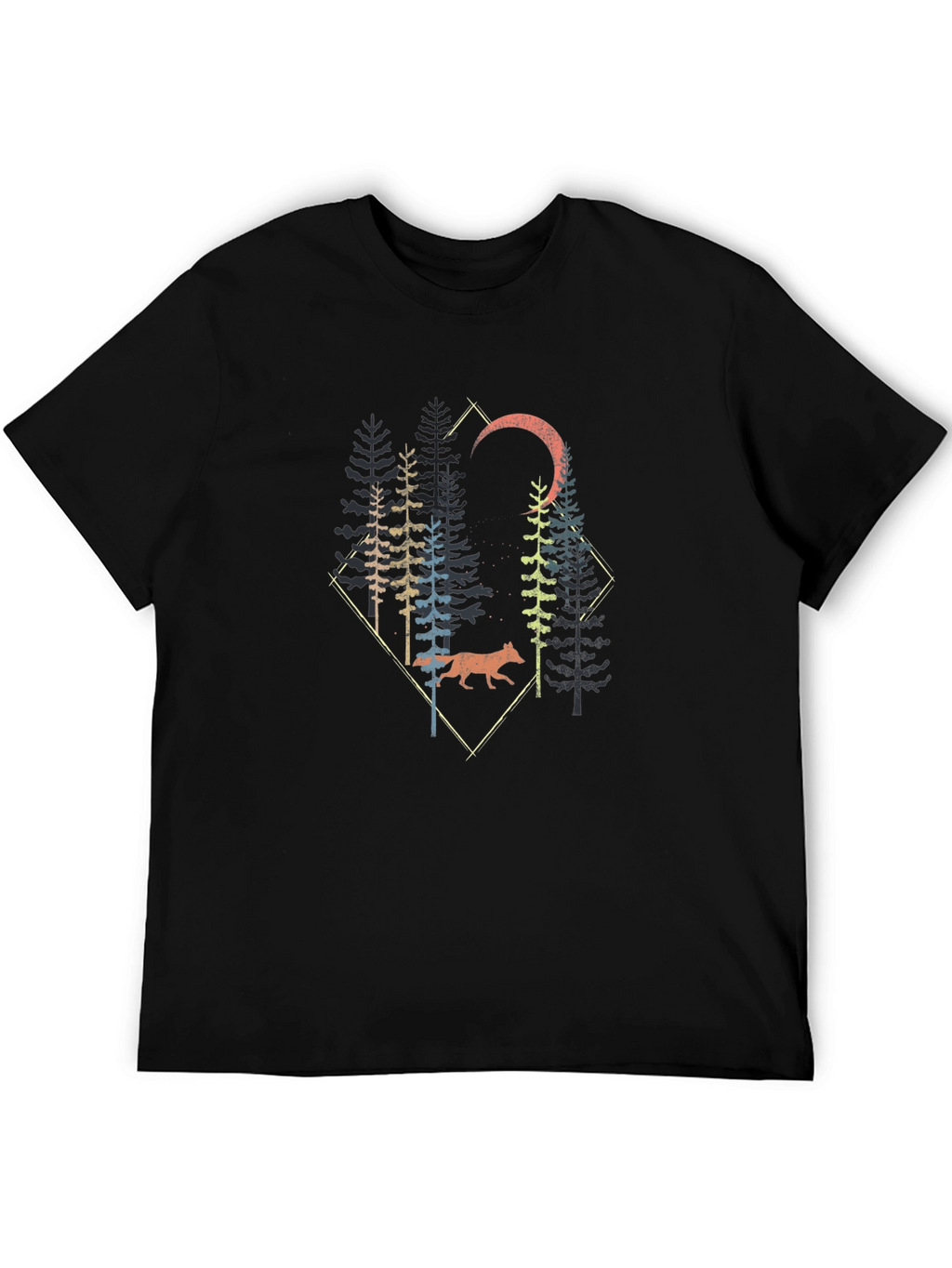 Nature Wolf Forest Graphic Print Black T-Shirt