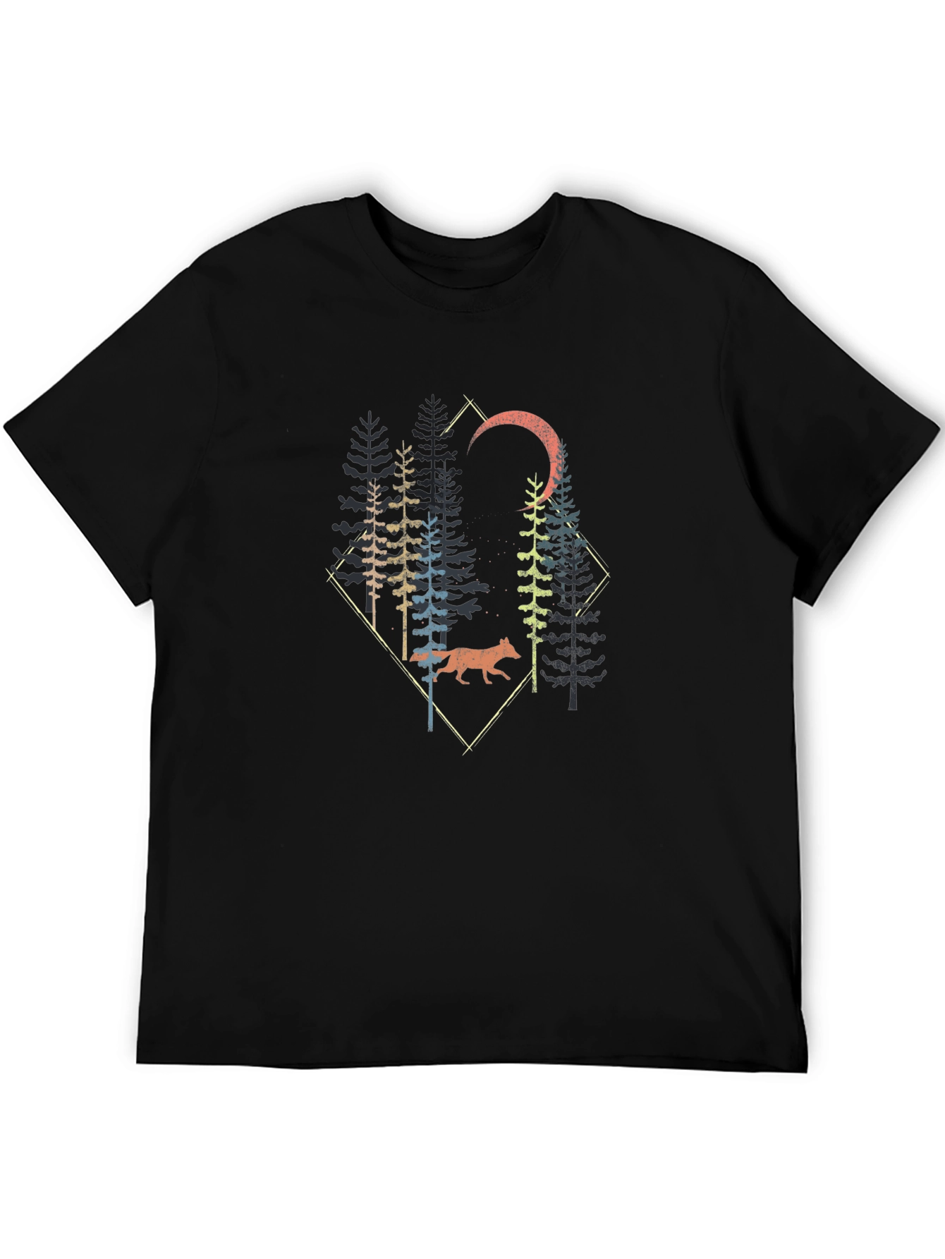 Nature Wolf Forest Graphic Print Black T-Shirt