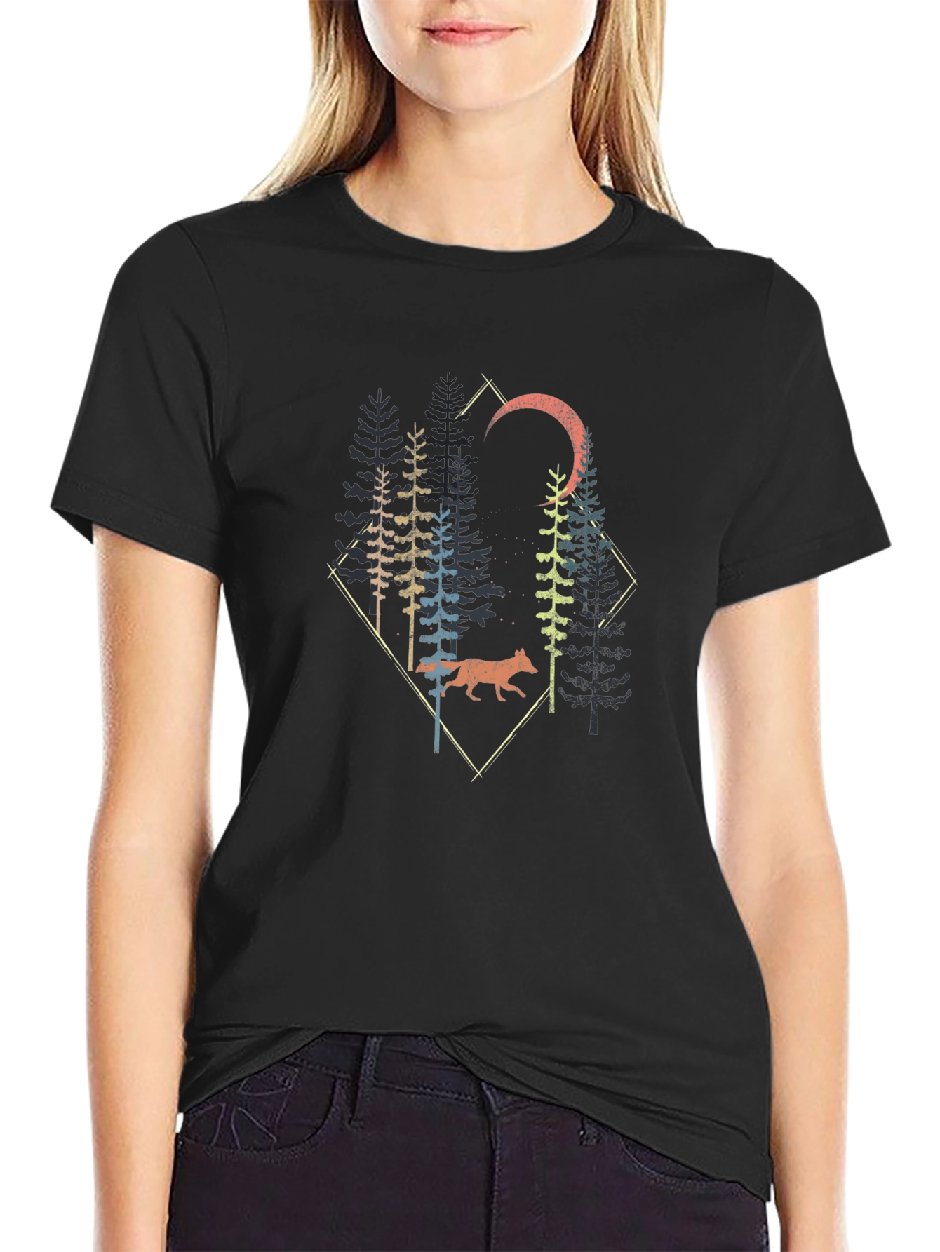 Nature Wolf Forest Graphic Print Black T-Shirt
