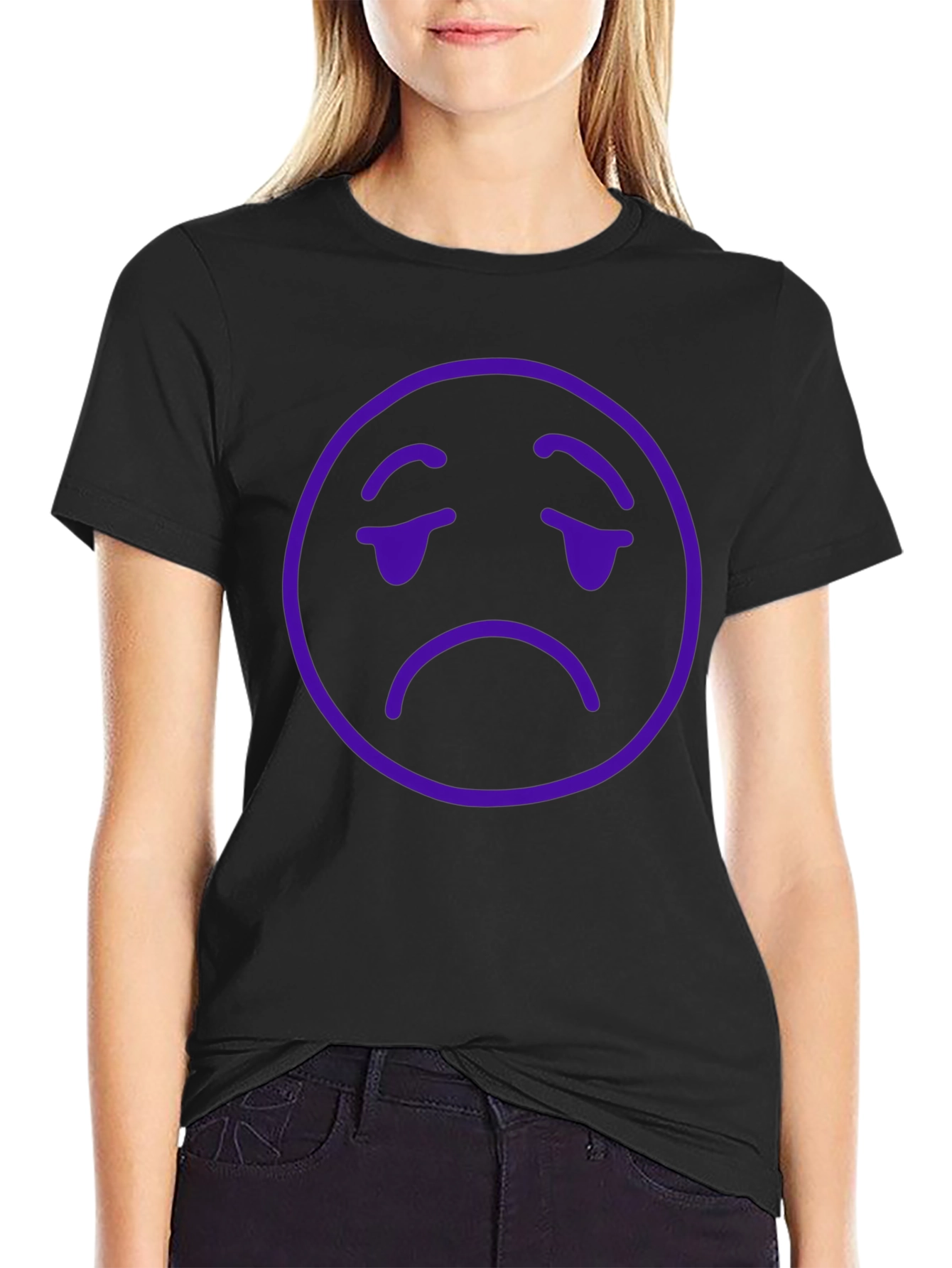 Sad Emoji Graphic T-Shirt - Black