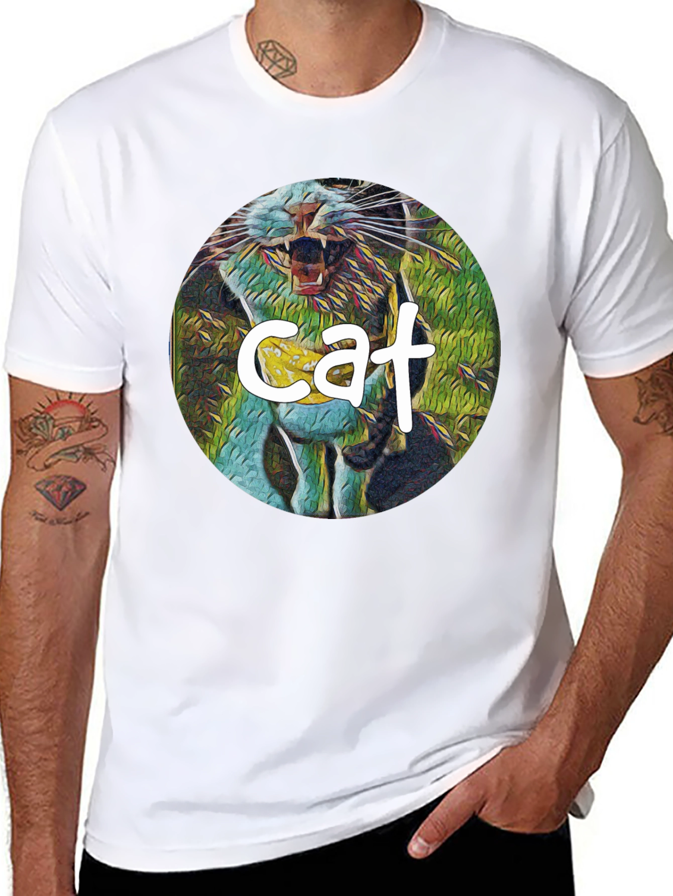 Cat Graphic Print Black T-Shirt