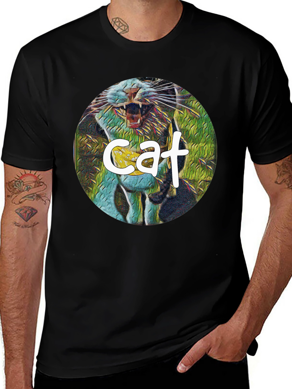 Cat Graphic Print Black T-Shirt