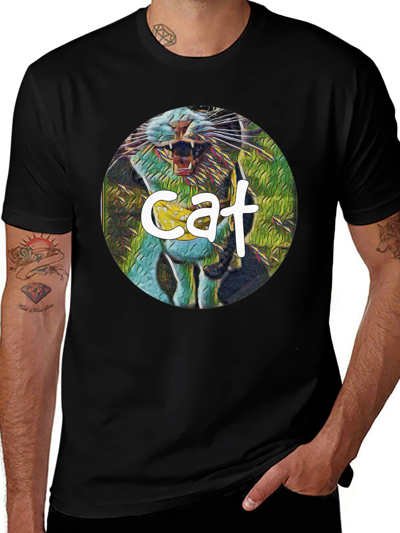 Cat Graphic Print Black T-Shirt