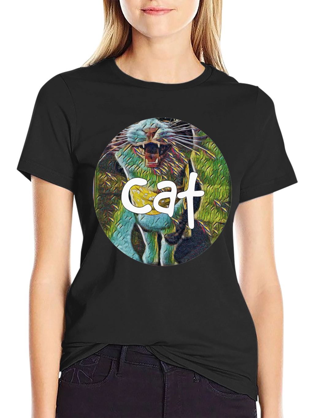 Cat Graphic Print Black T-Shirt
