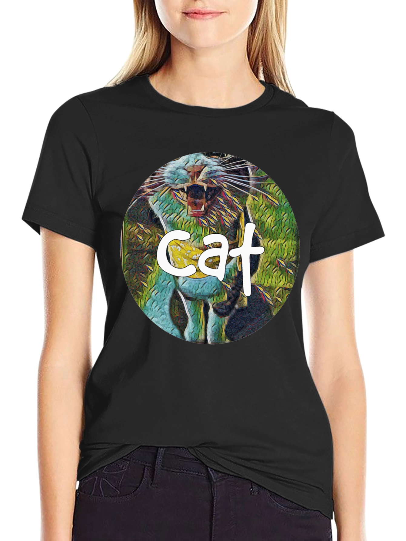 Cat Graphic Print Black T-Shirt