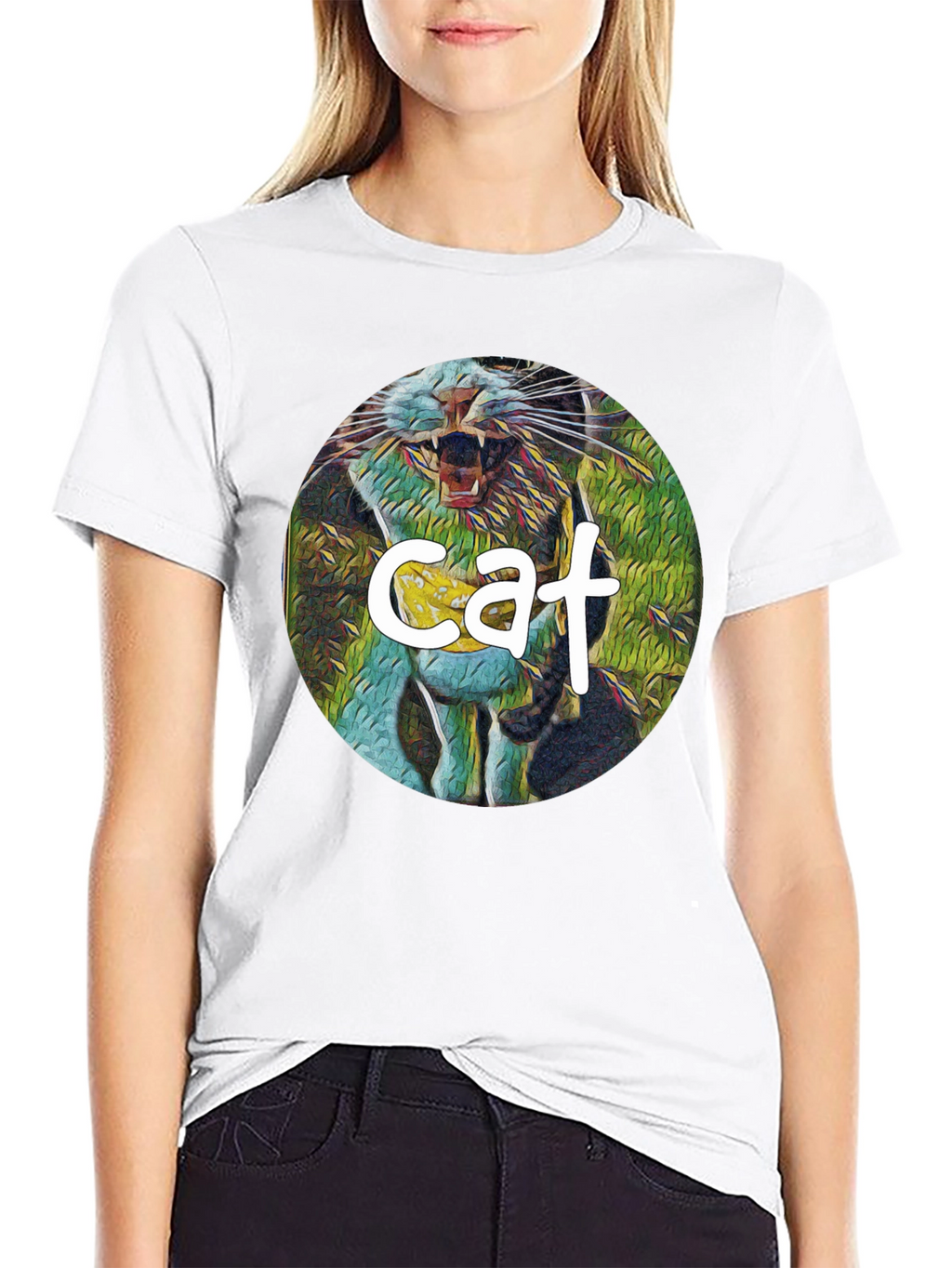 Cat Graphic Print Black T-Shirt