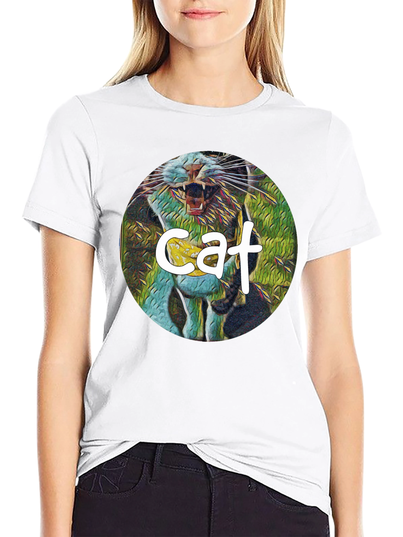 Cat Graphic Print Black T-Shirt