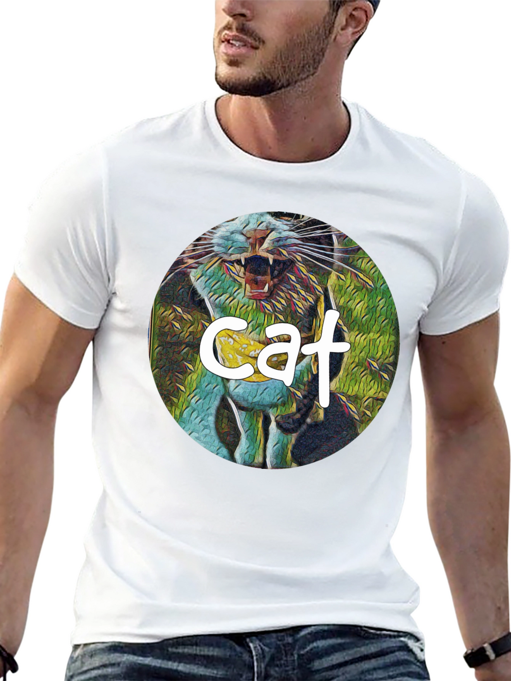 Cat Graphic Print Black T-Shirt