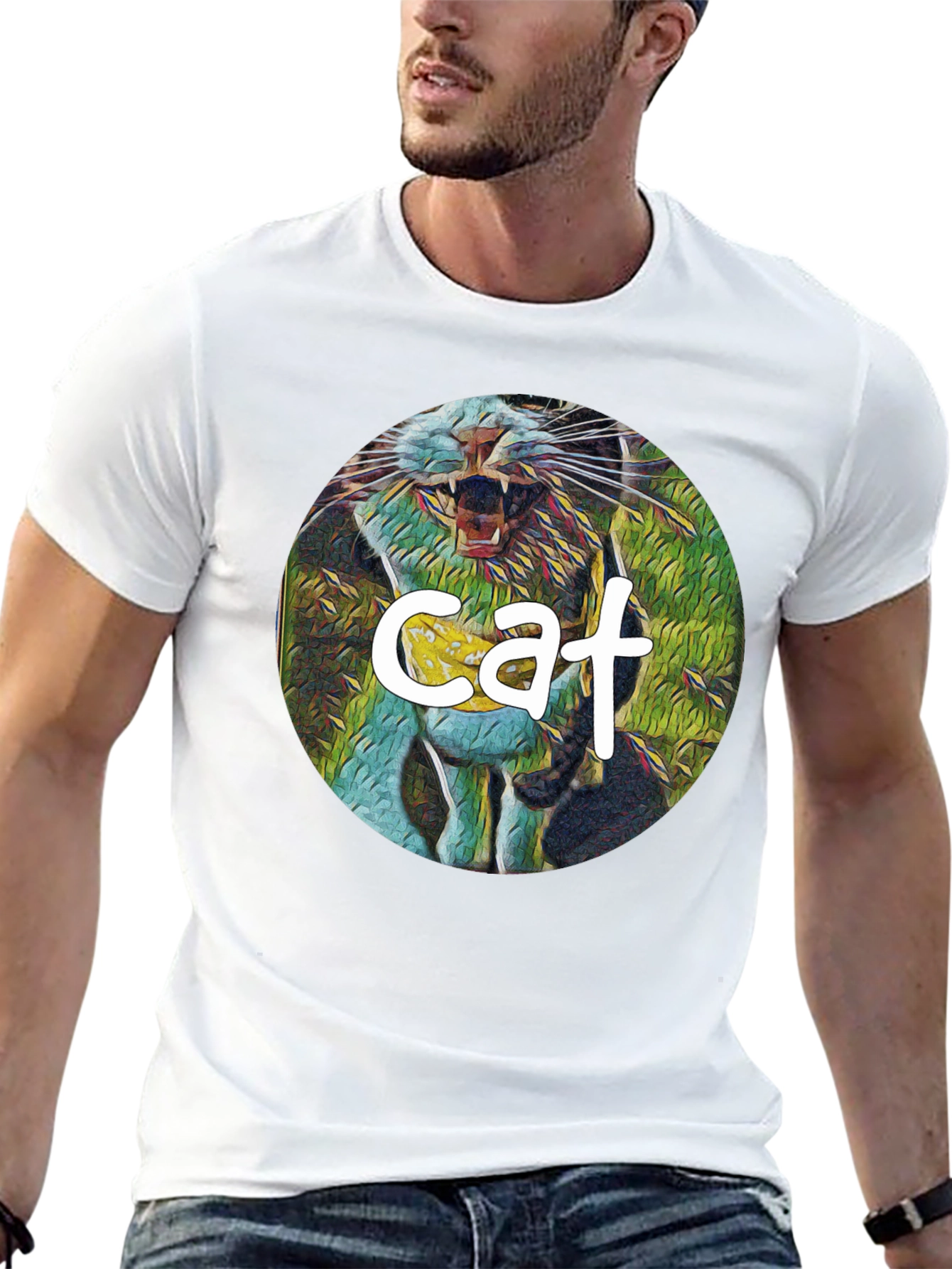 Cat Graphic Print Black T-Shirt