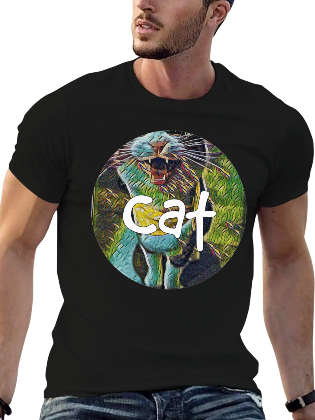 Cat Graphic Print Black T-Shirt